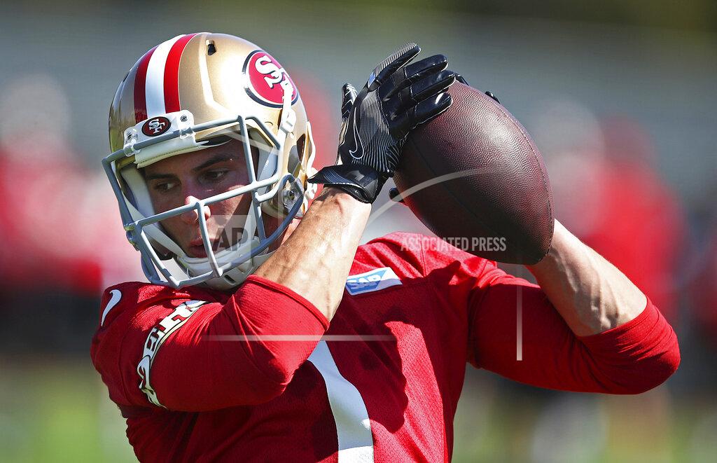 Ben Margot FILE—In this July 26, 2018, file photo, San Francisco 49ers wide receiver Max McCaffrey makes a reception during NFL football practice in Santa Clara, Calif. McCaffrey has joined the coaching staff of his father, retired NFL wide receiver Ed McCaffrey, to guide the Bears on the gridiron at Northern Colorado. (AP Photo/Ben Margot, File)