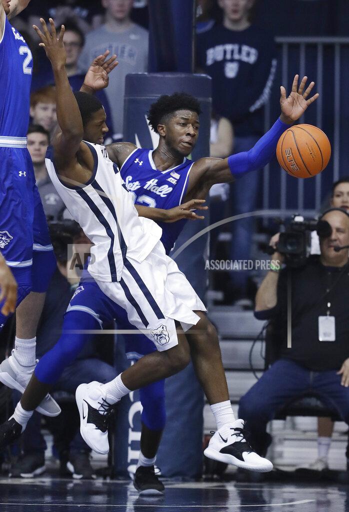 Darron Cummings Butler's Kamar Baldwin (3) is defended by Seton Hall's Myles Cale during the second half of an NCAA college basketball game, Saturday, Feb. 2, 2019, in Indianapolis. Butler won 70-68. (AP Photo/Darron Cummings)