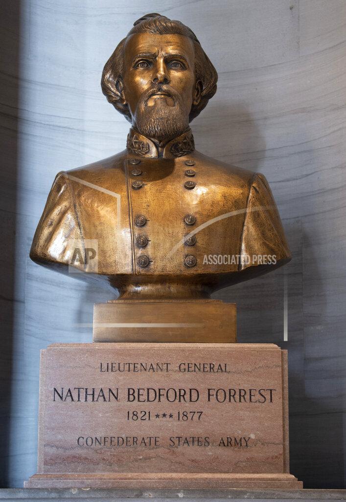 George Walker Iv The bust of Nathan Bedford Forrest rests in the State Capitol Thursday, July 22, 2021 in Nashville, Tenn. The State Building Commission on Thursday gave approval for the relocation of the Forrest bust to the Tennessee State Museum, a final step in a process that has taken more than a year since Gov. Bill Lee first said it was time for the statue to be moved. (George Walker IV/The Tennessean via AP)
