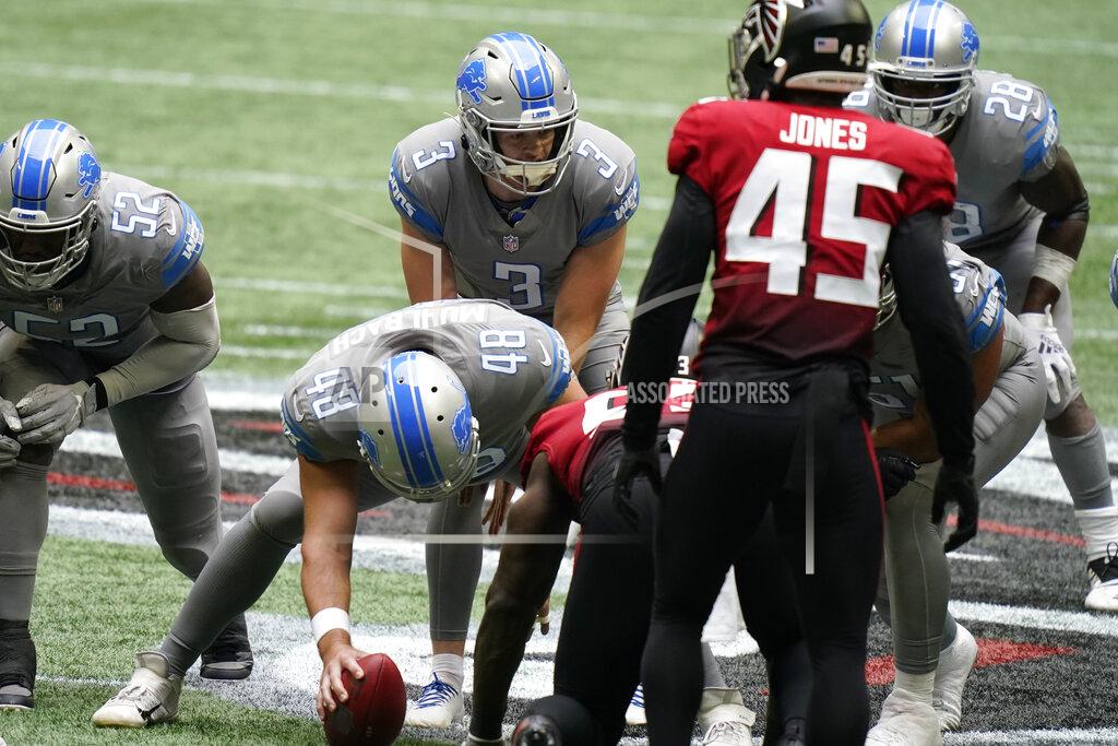 Brynn Anderson Detroit Lions punter Jack Fox (3) stands behind Detroit Lions long snapper Don Muhlbach (48) on fourth down against the Atlanta Falcons during the second half of an NFL football game, Sunday, Oct. 25, 2020, in Atlanta. (AP Photo/Brynn Anderson)
