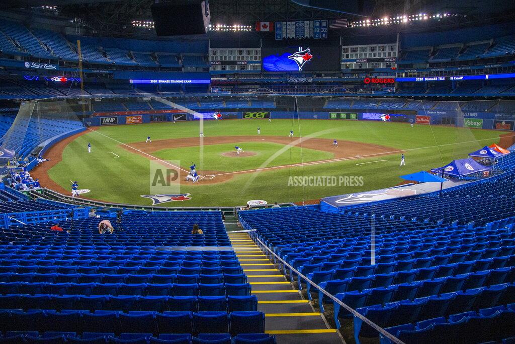 The Toronto Blue Jays play an intrasquad baseball game in Toronto, Friday, July 10, 2020. (Carlos Osorio/The Canadian Press via AP)