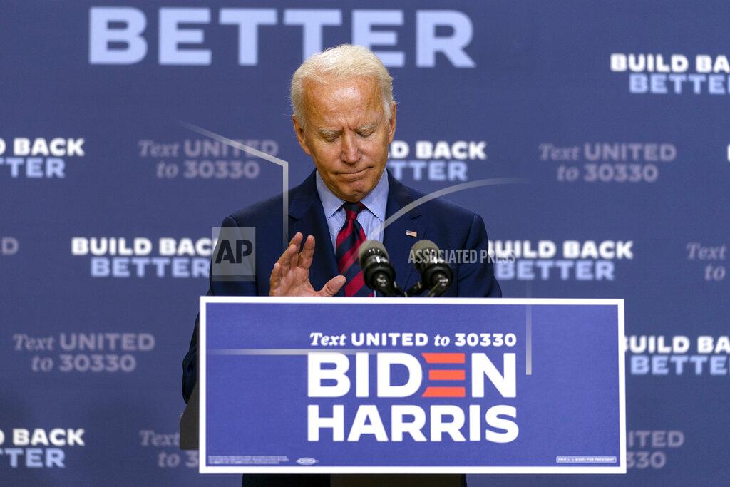 Carolyn Kaster Democratic presidential candidate former Vice President Joe Biden pauses as he speaks in Wilmington, Del., Friday Sept. 4, 2020. (AP Photo/Carolyn Kaster)