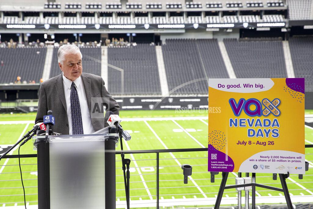 Ellen Schmidt Gov. Steve Sisolak announces a COVID-19 vaccine incentive program, "Vax Nevada Days," in the Twitch Lounge at Allegiant Stadium on Thursday, June 17, 2021, in Las Vegas. The program will automatically enter Nevadans who have had at least one dose of the COVID-19 vaccine into a weekly drawing that offers $5 million in cash and prizes, including a $1 million grand prize. (Ellen Schmidt/Las Vegas Review-Journal via AP)