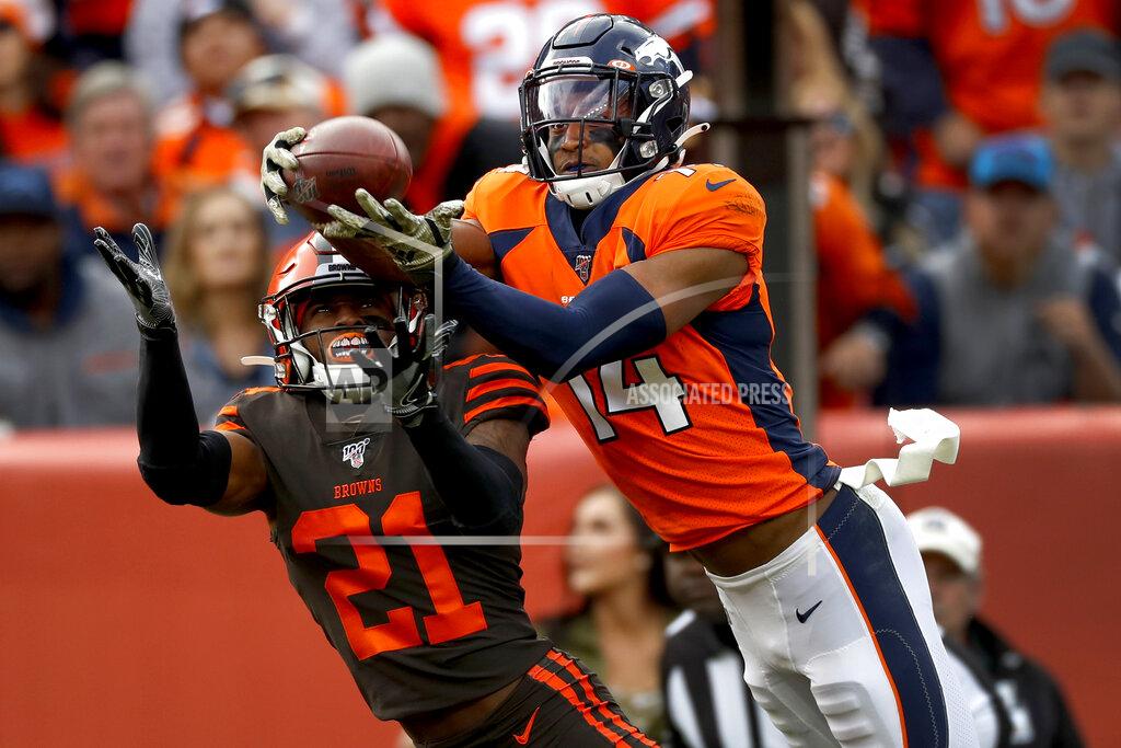 David Zalubowski Denver Broncos wide receiver Courtland Sutton (14) pulls in a touchdown pass as Cleveland Browns cornerback Denzel Ward (21) defends during the first half of NFL football game, Sunday, Nov. 3, 2019, in Denver. (AP Photo/David Zalubowski)