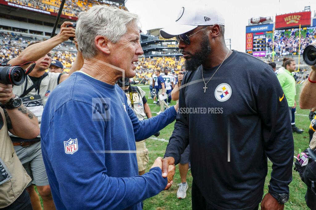 Don Wright Seattle Seahawks head coach Pete Carroll, left, and Pittsburgh Steelers head coach Mike Tomlin shake hands on the field after an NFL football game, Sunday, Sept. 15, 2019, in Pittsburgh. The Seahawks defeated the Steelers 28-26. (AP Photo/Don Wright)