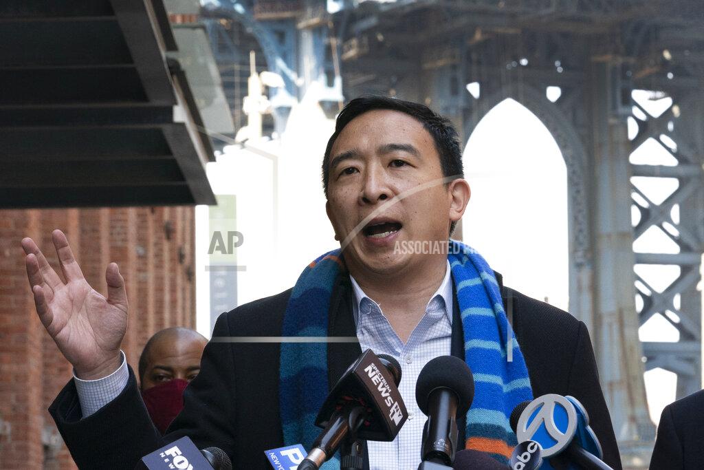 Mark Lennihan FILE - In this March 11, 2021 file photo, Democratic mayoral candidate Andrew Yang holds a news conference in the Dumbo neighborhood of New York. Yang, a businessman who gained fame during his quixotic 2020 presidential run, is a leading contender for the Democratic mayoral nomination. (AP Photo/Mark Lennihan, File)