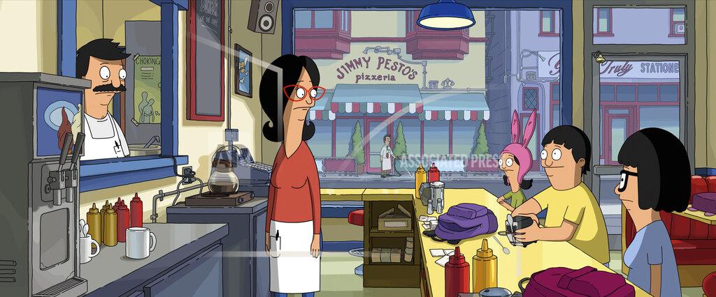 Uncredited This image released by 20th Century Studios shows, from left, Bob Belcher, voiced by H. Jon Benjamin, Linda Belcher, voiced by John Roberts, Louise Belcher, voiced by Kristen Schaal, Gene Belcher, voiced by Eugene Mirman, and Tina Belcher, voiced by Dan Mintz, in a scene from "The Bob's Burgers Movie." (20th Century Studios via AP)