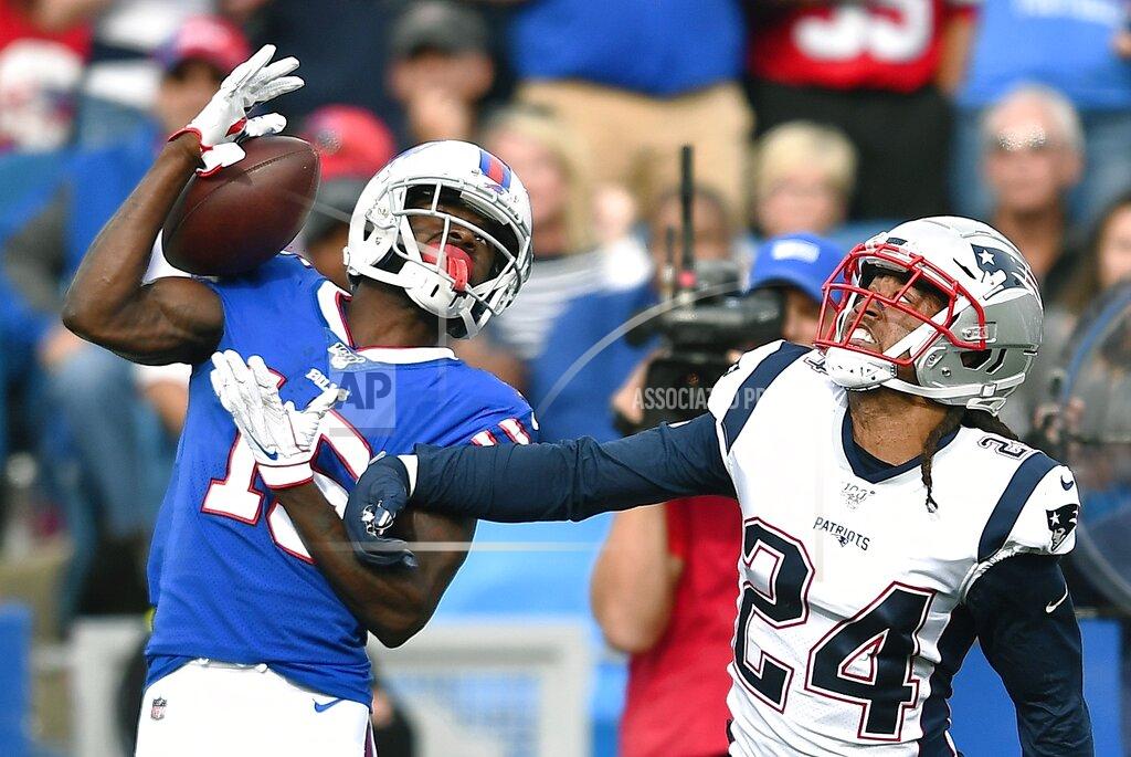 Adrian Kraus Buffalo Bills wide receiver John Brown catches a pass in front of New England Patriots cornerback Stephon Gilmore (24) in the second half of an NFL football game, Sunday, Sept. 29, 2019, in Orchard Park, N.Y. (AP Photo/Adrian Kraus)