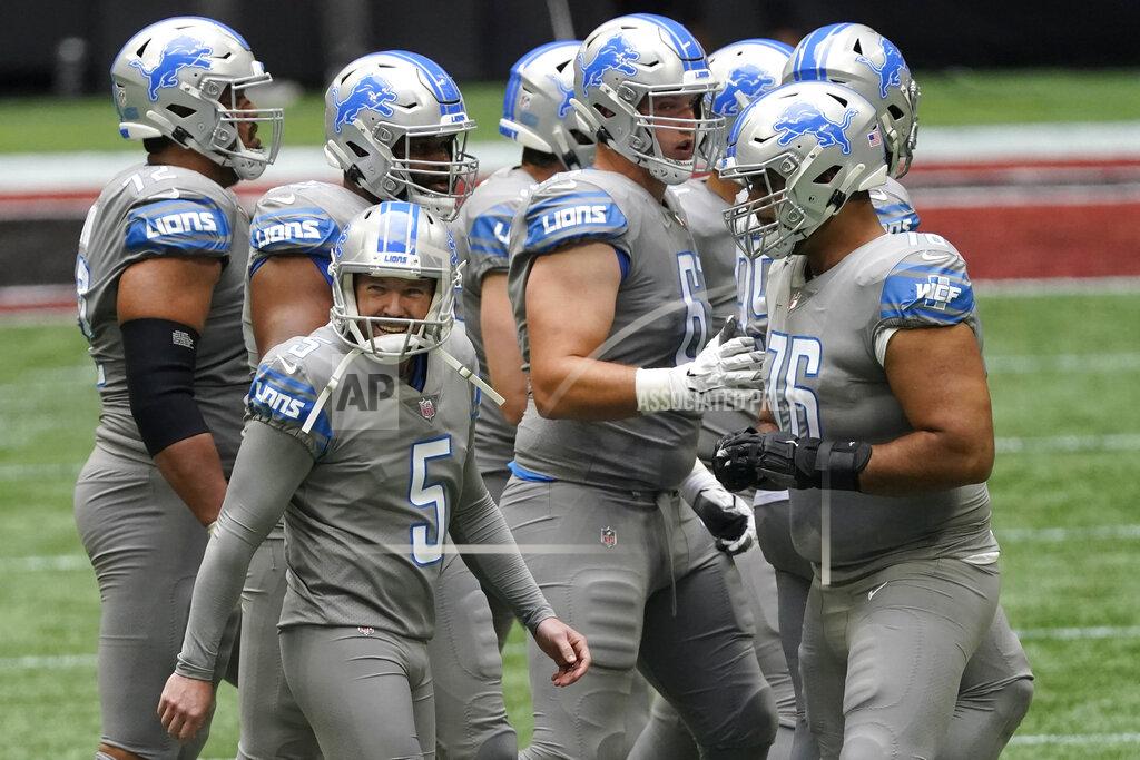 John Bazemore Detroit Lions kicker Matt Prater (5) leaves the field after making a field goal against the Atlanta Falcons during the second half of an NFL football game, Sunday, Oct. 25, 2020, in Atlanta. (AP Photo/John Bazemore)