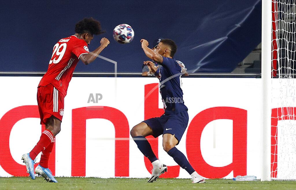 Matthew Childs Bayern's Kingsley Coman, left, heads the ball to score his side's first goal during the Champions League final soccer match between Paris Saint-Germain and Bayern Munich at the Luz stadium in Lisbon, Portugal, Sunday, Aug. 23, 2020.(Matthew Childs/Pool via AP)