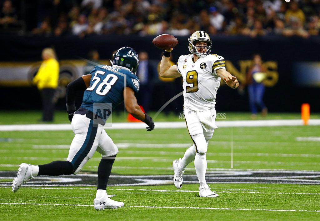 Butch Dill New Orleans Saints quarterback Drew Brees (9) passes in the second half of an NFL football game against the Philadelphia Eagles in New Orleans, Sunday, Nov. 18, 2018. (AP Photo/Butch Dill)