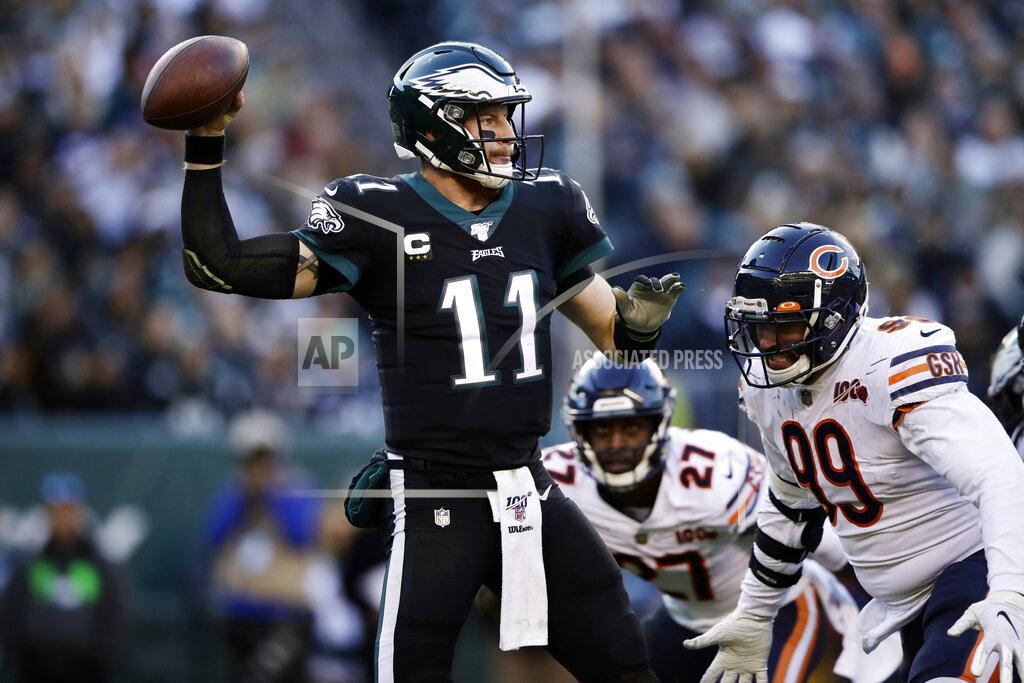 Matt Rourke Philadelphia Eagles' Carson Wentz passes during the second half of an NFL football game against the Chicago Bears, Sunday, Nov. 3, 2019, in Philadelphia. (AP Photo/Matt Rourke)