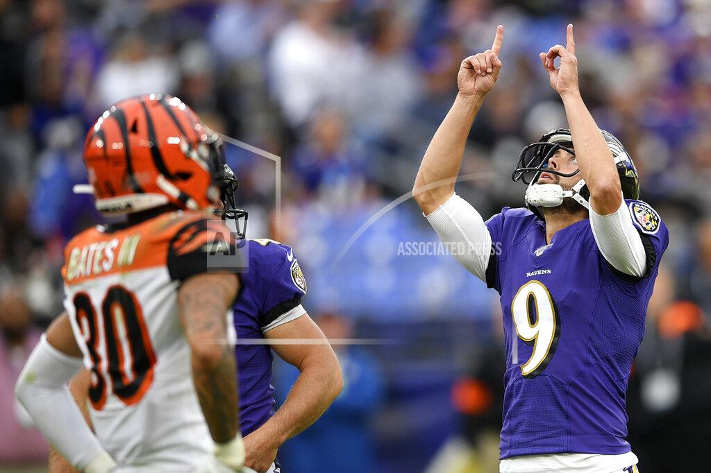 Nick Wass Baltimore Ravens kicker Justin Tucker gestures after kicking a field goal against the Cincinnati Bengals during the second half of a NFL football game Sunday, Oct. 13, 2019, in Baltimore. (AP Photo/Nick Wass)