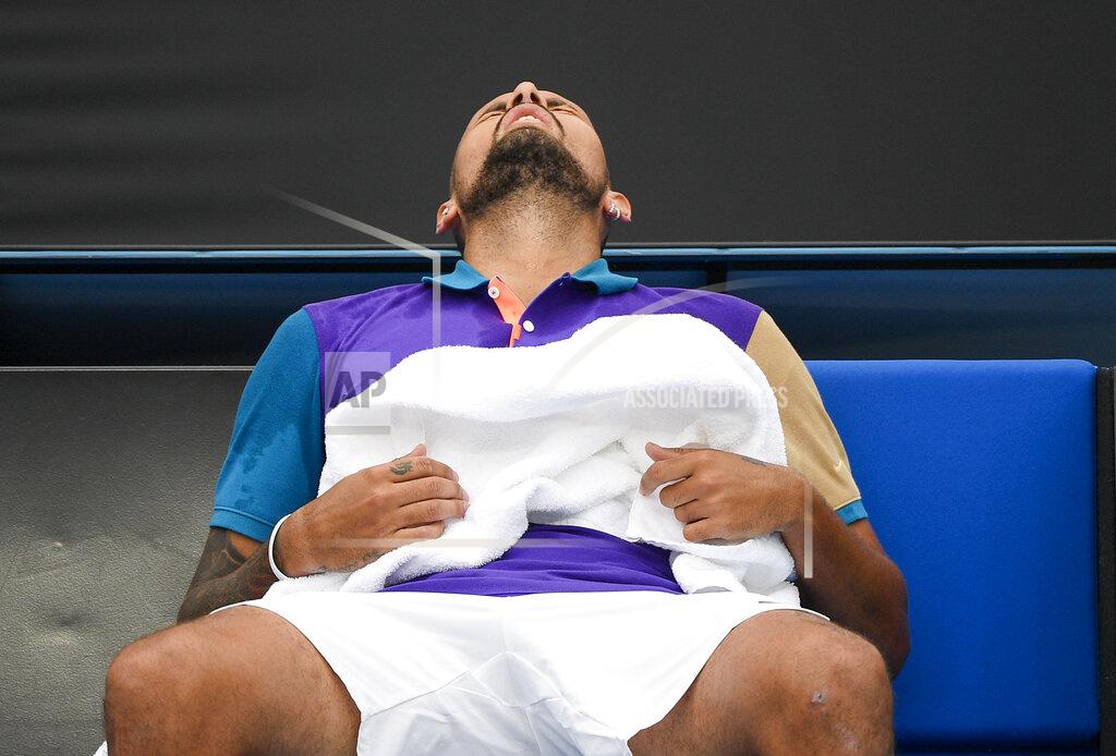 Andrew Brownbill Australia's Nick Kyrgios reacts during a break in his match against France's Alexandre Muller at a tuneup tournament ahead of the Australian Open tennis championships in Melbourne, Australia, Tuesday, Feb. 2, 2021. (AP Photo/Andrew Brownbill)