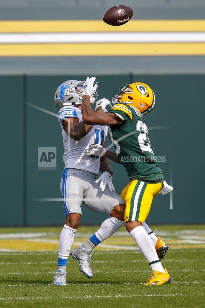 Matt Ludtke Detroit Lions' Marvin Jones catches a pass with Green Bay Packers' Jaire Alexander defending during the first half of an NFL football game Sunday, Sept. 20, 2020, in Green Bay, Wis. (AP Photo/Matt Ludtke)