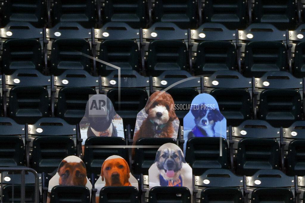 Adam Hunger Cutouts of New York Mets players' dogs are displayed in the stands during the Mets' baseball game against the Atlanta Braves, Sunday, July 26, 2020, in New York. (AP Photo/Adam Hunger)