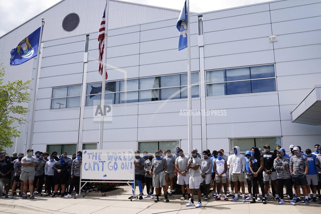 Carlos Osorio The Detroit Lions stand united against racial injustice at the Lions NFL football camp practice facility, Tuesday, Aug. 25, 2020, in Allen Park, Mich. The players were reacting to the recent shooting of Jacob Blake in Kenosha, Wisc., on Sunday. (AP Photo/Carlos Osorio)