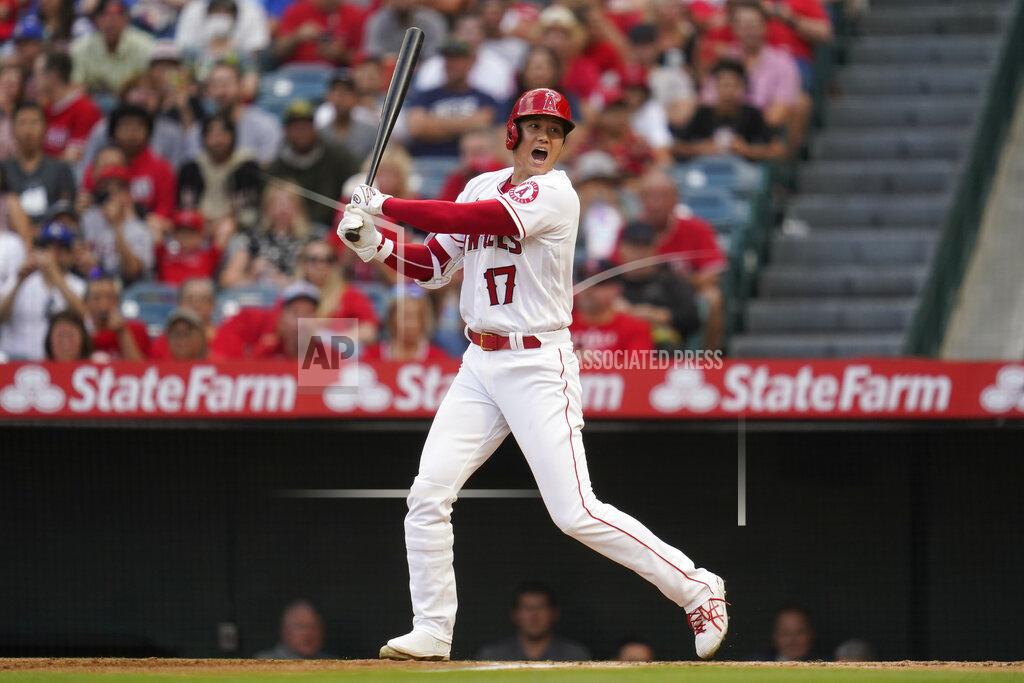Ashley Landis Los Angeles Angels' Shohei Ohtani (17) reacts after hitting a foul ball in to the Angels dugout during the first inning of a baseball game against the Kansas City Royals in Anaheim, Calif., Wednesday, June 22, 2022. (AP Photo/Ashley Landis)