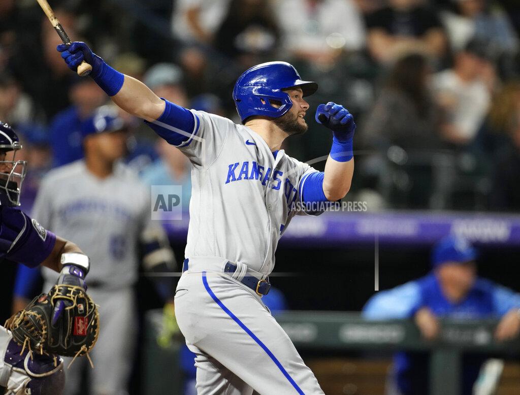 David Zalubowski Kansas City Royals' Andrew Benintendi watches his RBI triple off Colorado Rockies relief pitcher Alex Colome during the seventh inning of a baseball game Friday, May 13, 2022, in Denver.(AP Photo/David Zalubowski)