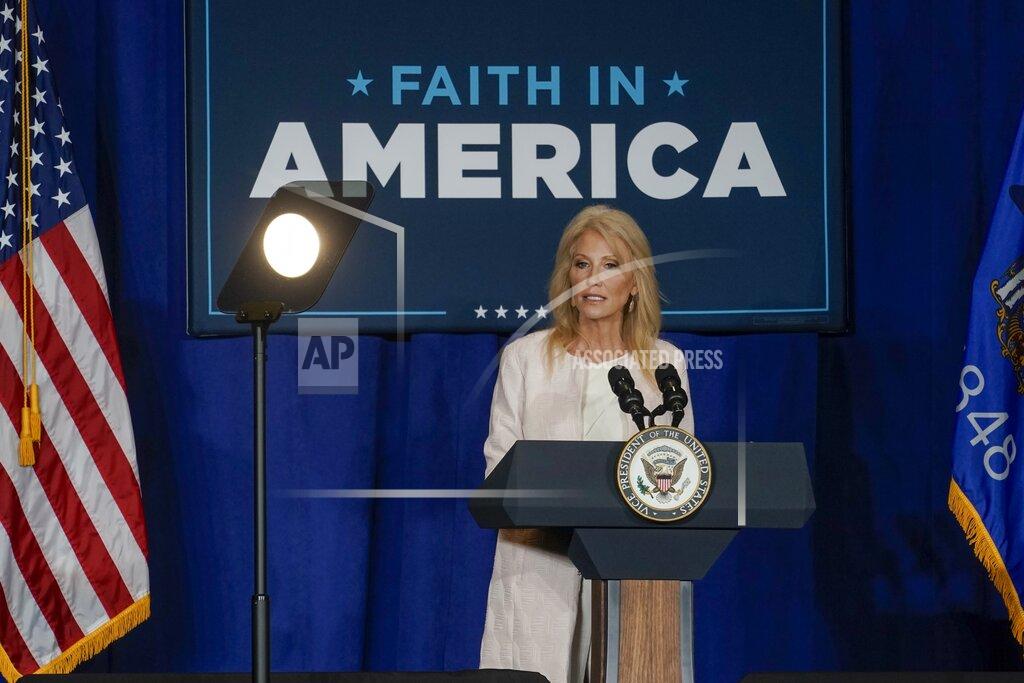 Kellyanne Conway speaks at an event before Vice President Mike Pence arrives at the Ingleside Hotel Tuesday, June 23, 2020, in Pewaukee, Wis. (AP Photo/Morry Gash)