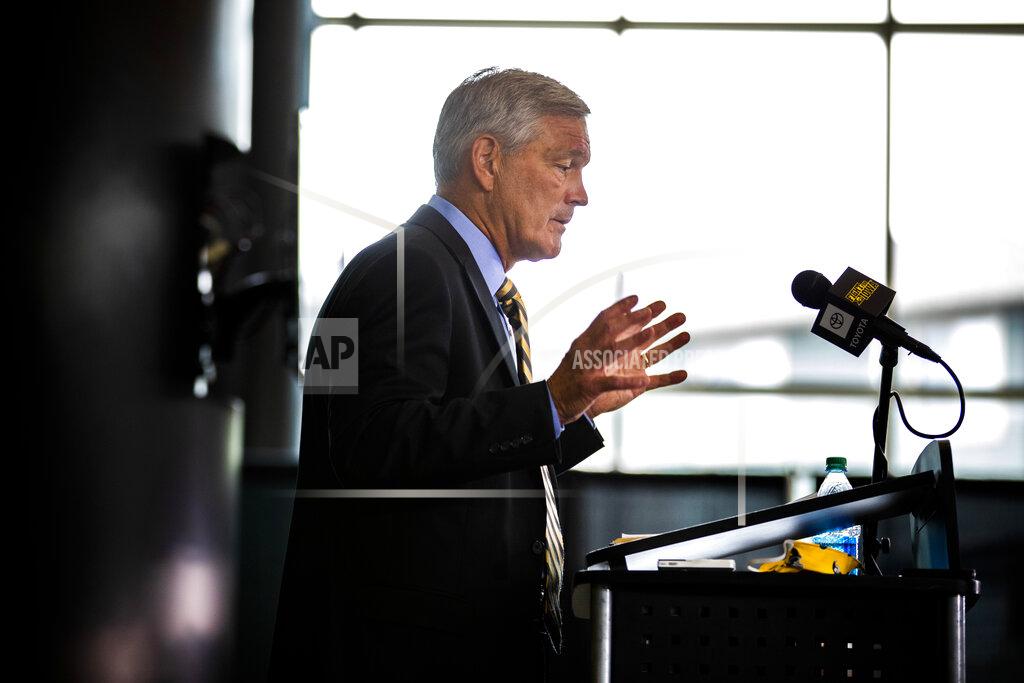 Katina Zentz Iowa Football head coach Kirk Ferentz addresses the media during a press conference at Carver-Hawkeye Arena on Thursday, July 30, 2020 in Iowa City, Iowa. Ferentz discussed the Husch Blackwell review of the Iowa football program that investigated racial bias against Black players. (Katina Zentz/The Des Moines Register via AP )