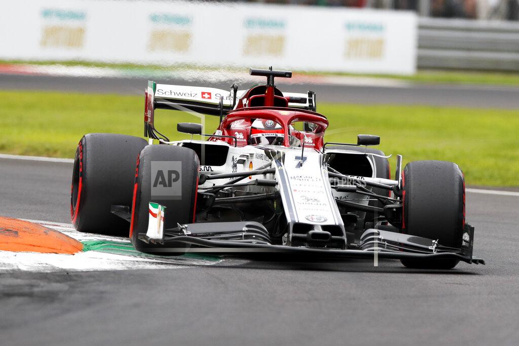 Antonio Calanni Alfa Romeo driver Kimi Raikkonen of Finland steers his car during the third free practice at the Monza racetrack, in Monza, Italy , Saturday, Sept.7, 2019. The Formula one race will be held on Sunday. (AP Photo/Antonio Calanni)