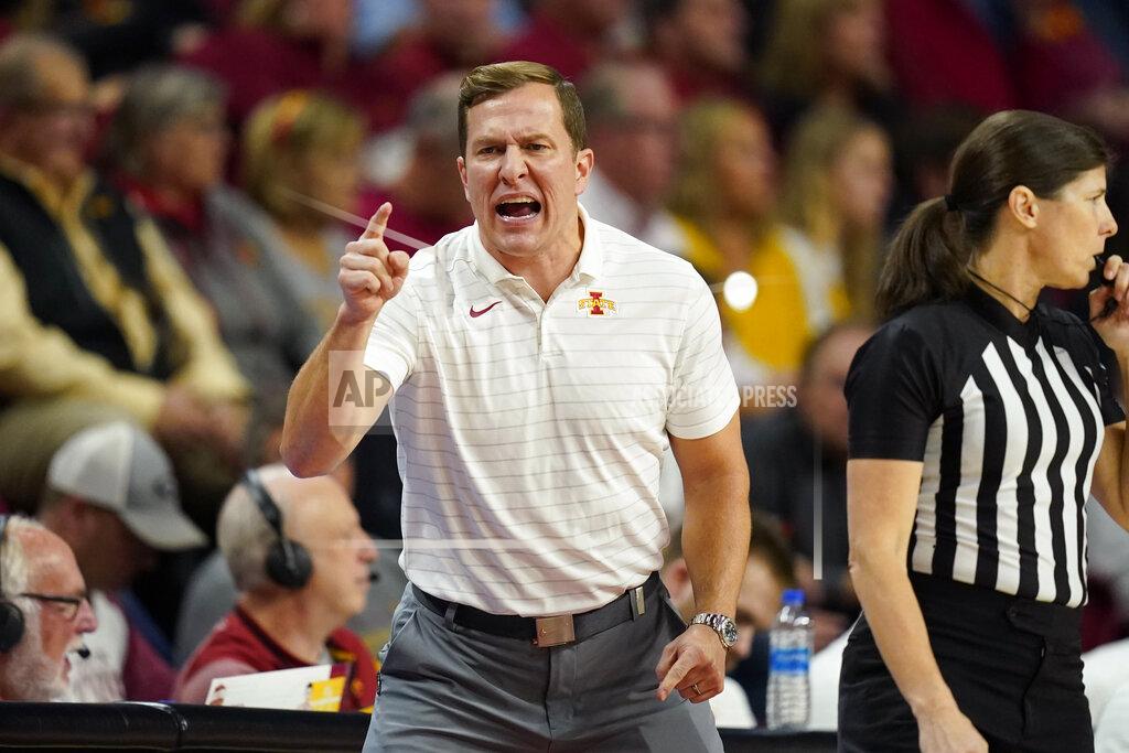 Charlie Neibergall Iowa State head coach T.J. Otzelberger directs his team during the first half of an NCAA college basketball game against Alabama State, Tuesday, Nov. 16, 2021, in Ames, Iowa. (AP Photo/Charlie Neibergall)