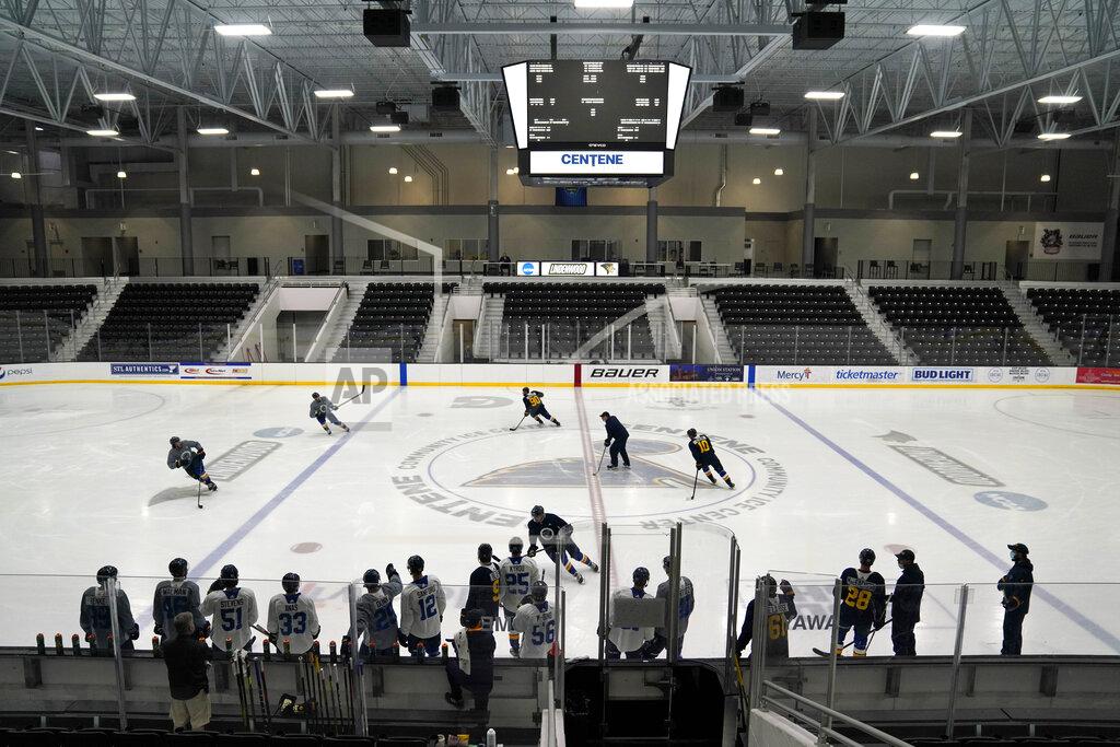 Jeff Roberson Members of the St. Louis Blues practice during NHL hockey training camp Tuesday, Jan. 5, 2021, in Maryland Heights, Mo. (AP Photo/Jeff Roberson)