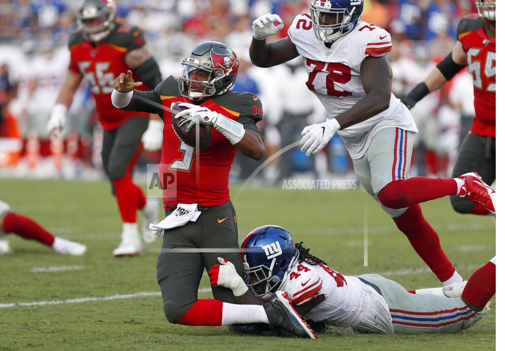 Mark Lomoglio Tampa Bay Buccaneers quarterback Jameis Winston (3) gets taken down by New York Giants linebacker Markus Golden (44) during the second half of an NFL football game Sunday, Sept. 22, 2019, in Tampa, Fla. (AP Photo/Mark LoMoglio)