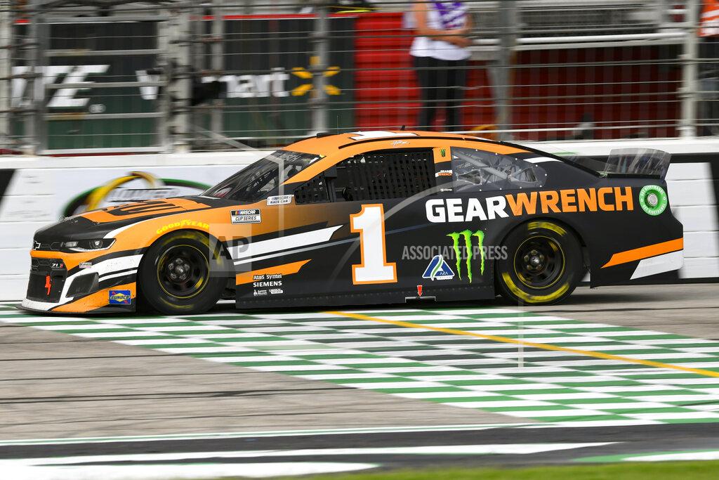 John Amis Kurt Busch completes one of the final laps before winning NASCAR Cup Series auto race, Sunday, July, 11, 2021, in Hampton, Ga. (AP Photo/John Amis)