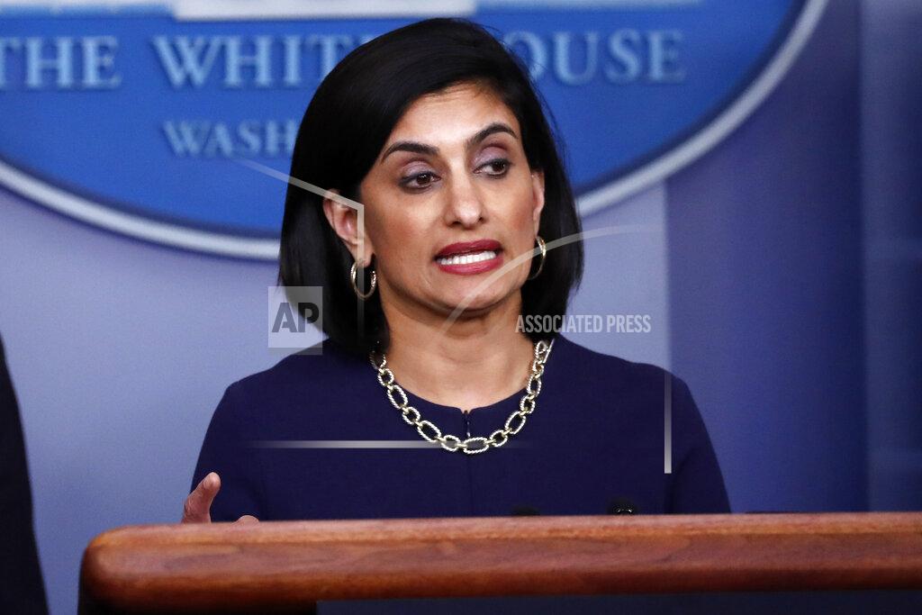 FILE - In this April 7, 2020, file photo, Seema Verma, administrator of the Centers for Medicare and Medicaid Services, speaks about the coronavirus, in the James Brady Press Briefing Room of the White House in Washington. Medicare will cover the yet-to-be approved coronavirus vaccine free for older people under a policy change expected to be announced shortly, a senior administration official said Tuesday. (AP Photo/Alex Brandon, File)