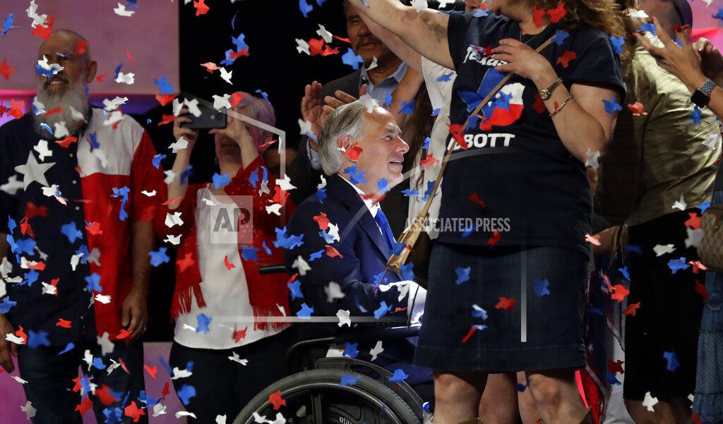 Eric Gay File - In this June 15, 2018 file photo, Confetti falls as Texas Gov. Greg Abbott, center, greets supporters after speaking at the Texas GOP Convention, in San Antonio. As the Texas GOP presses ahead with plans for a July convention amid a worsening coronavirus outbreak, the state's largest medical group Tuesday June 30, 2020, urged the party to reconsider before thousands of Republican activists flock to Houston, which has become one of the nation's most troubling hotspots. (AP Photo/Eric Gay File)