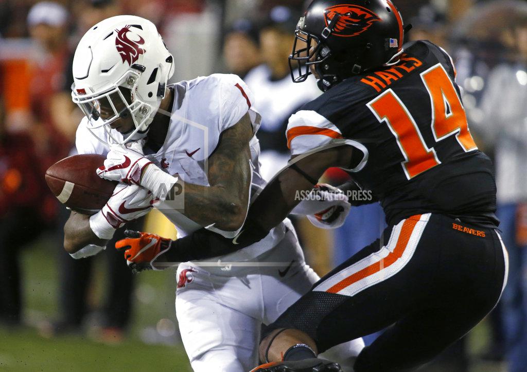 Timothy J. Gonzalez Washington State's Tay Martin (1) makes a catch in front of Oregon State's Kaleb Hayes during the fourth quarter of an NCAA college football in Corvallis, Ore., Saturday, Oct. 6, 2018. (AP Photo/Timothy J. Gonzalez)