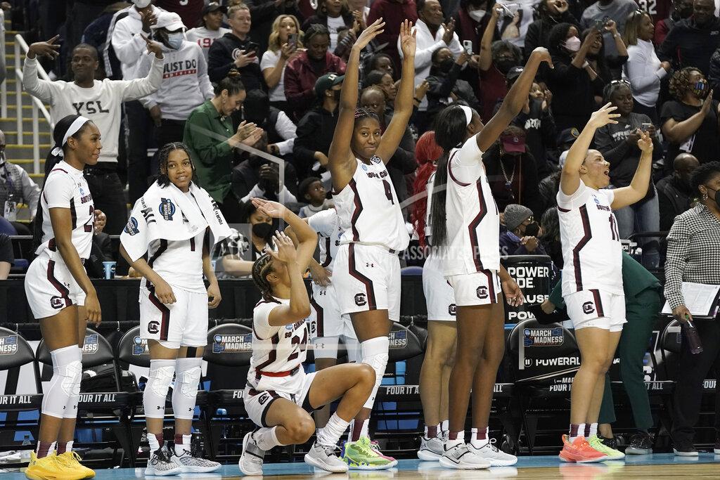 Gerry Broome South Carolina forward Aliyah Boston (4) celebrates with teammates during the second half of a college basketball game against Creighton in the Elite 8 round of the NCAA tournament in Greensboro, N.C., Sunday, March 27, 2022. (AP Photo/Gerry Broome)