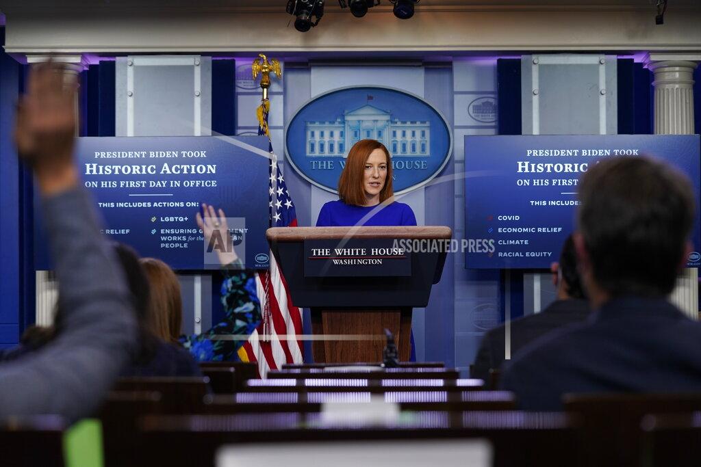 Evan Vucci White House press secretary Jen Psaki speaks during a press briefing at the White House, Wednesday, Jan. 20, 2021, in Washington. (AP Photo/Evan Vucci)