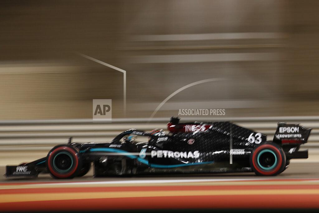 Hamad Mohammed Mercedes driver George Russell of Britain steers his car during the first free practice at the Formula One Bahrain International Circuit in Sakhir, Bahrain, Friday, Dec. 4, 2020. The Bahrain Formula One Grand Prix will take place on Sunday. (Hamad Mohammed, Pool via AP)