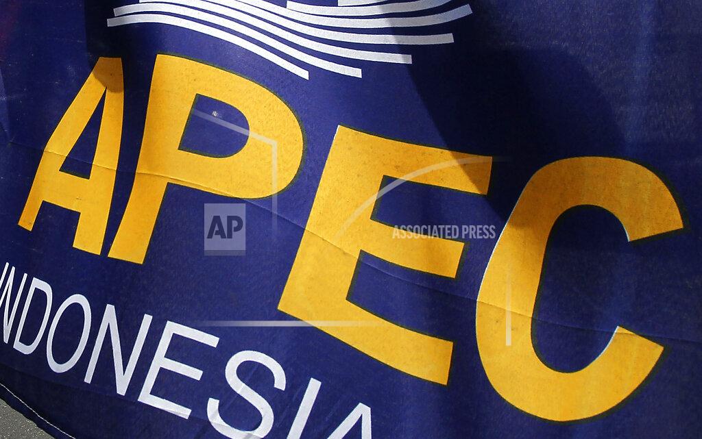 Wong Maye-E FILE - In this Oct. 5, 2013, file photo, banners for the APEC 2013 meetings are on display in Nusa Dua, Bali, Indonesia. Trade ministers from the Pacific rim were discussing ways to build back better from the pandemic in an online meeting Saturday, June 5, 2021, hosted by New Zealand. (AP Photo/Wong Maye-E, File)