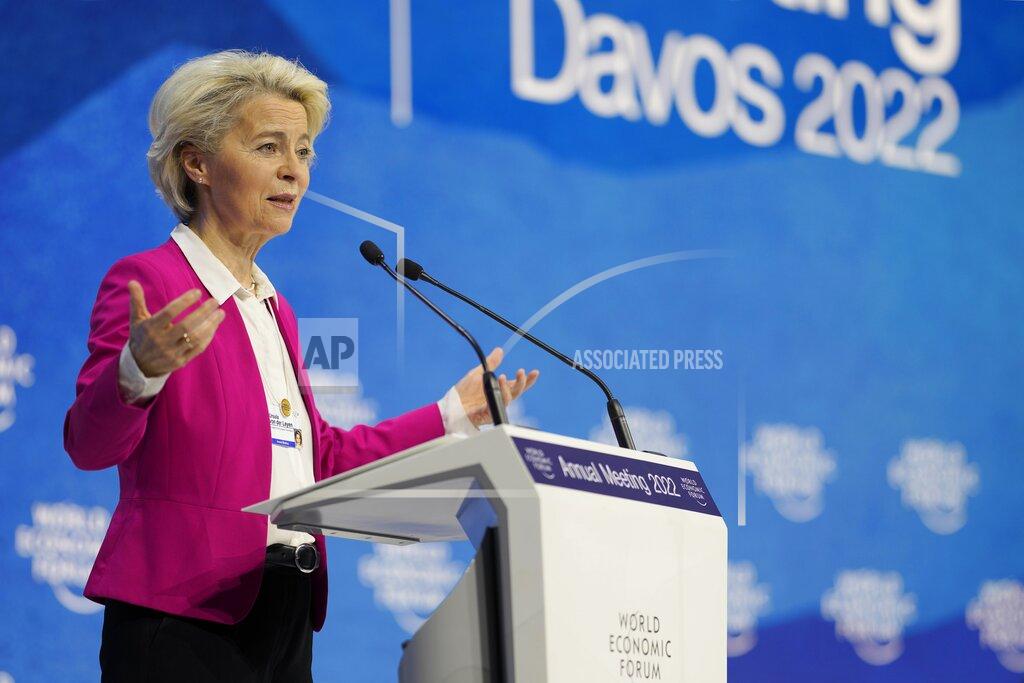 Markus Schreiber Ursula von der Leyen, President of the European Commission speaks at the World Economic Forum in Davos, Switzerland, Tuesday, May 24, 2022. The annual meeting of the World Economic Forum is taking place in Davos from May 22 until May 26, 2022. (AP Photo/Markus Schreiber)