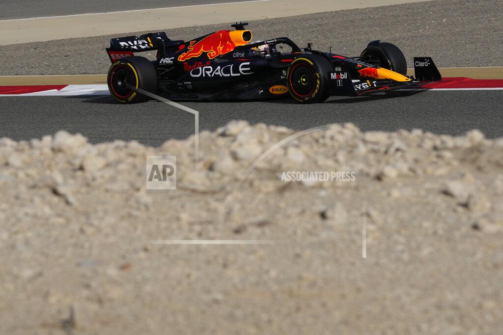 Hassan Ammar Red Bull driver Max Verstappen of the Netherlands steers his car during a practice for theFormula One Bahrain Grand Prix it in Sakhir, Bahrain, Friday, March 18, 2022. (AP Photo/Hassan Ammar)