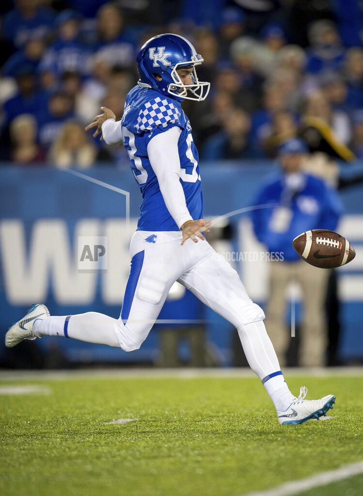 Bryan Woolston FILE - In this Oct. 20, 2018, file photo, Kentucky punter Max Duffy (93) punts the ball during the first half of an NCAA college football game against Vanderbilt, in Lexington, Ky. Duffy was selected to The Associated Press All-Southeastern Conference football team, Monday, Dec. 9, 2019. (AP Photo/Bryan Woolston, File)