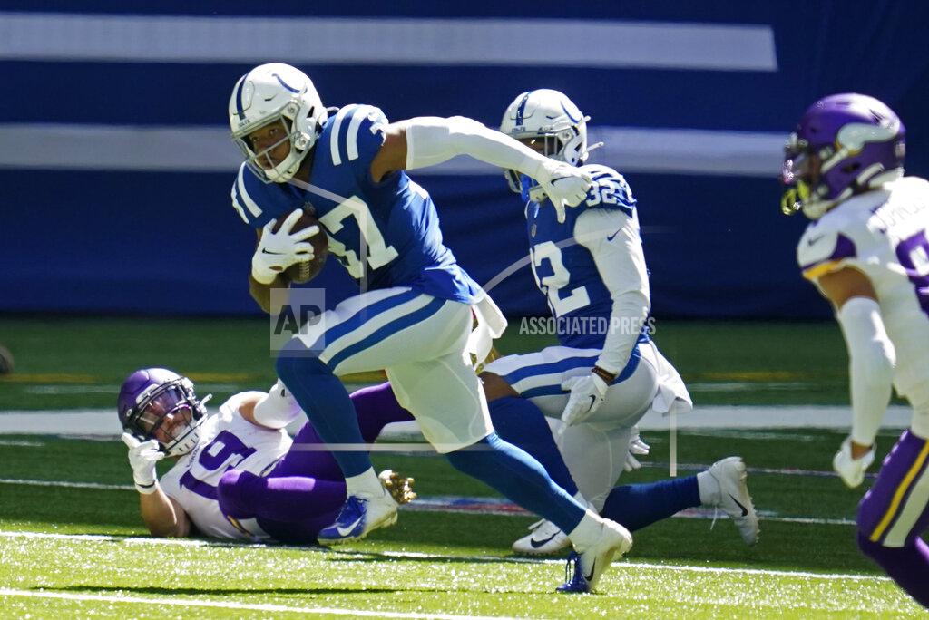 Michael Conroy Indianapolis Colts' Khari Willis (37) runs back in interception during the first half of an NFL football game against the Minnesota Vikings, Sunday, Sept. 20, 2020, in Indianapolis. (AP Photo/Michael Conroy)