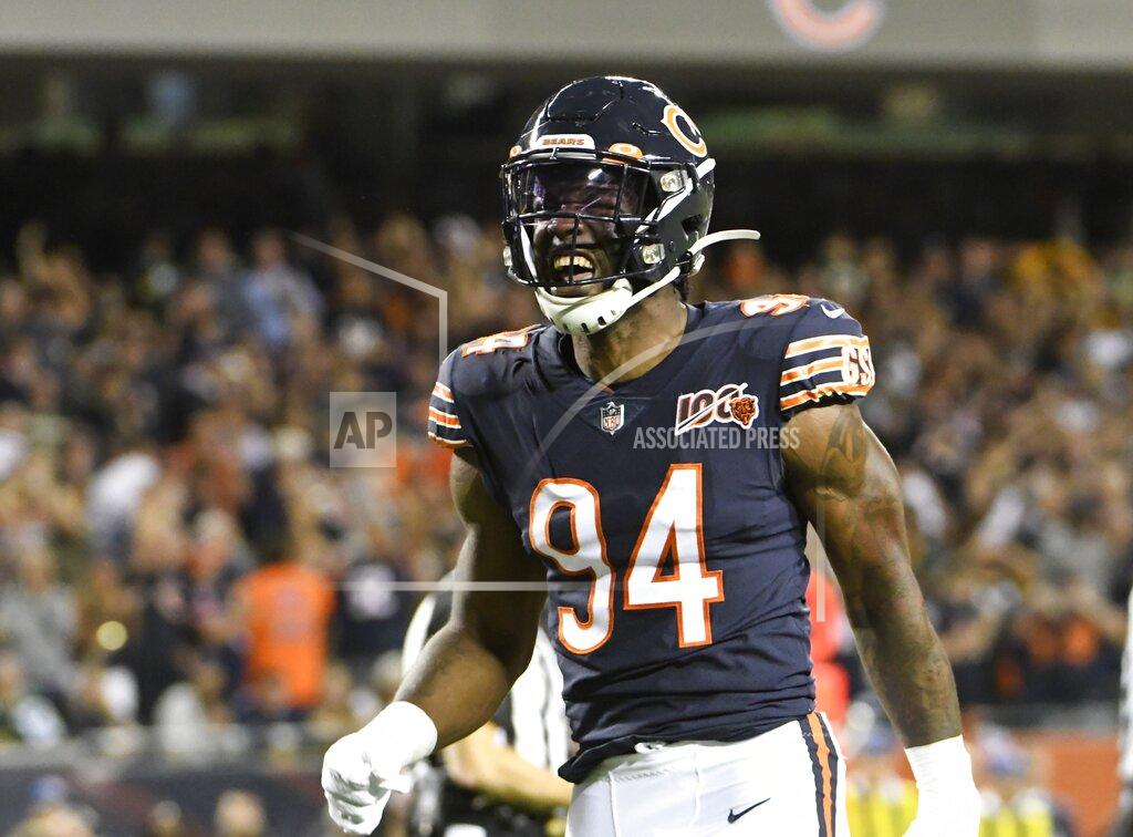 David Banks Chicago Bears' Leonard Floyd reacts after sacking Green Bay Packers' Aaron Rodgers during the first half of an NFL football game Thursday, Sept. 5, 2019, in Chicago. (AP Photo/David Banks)