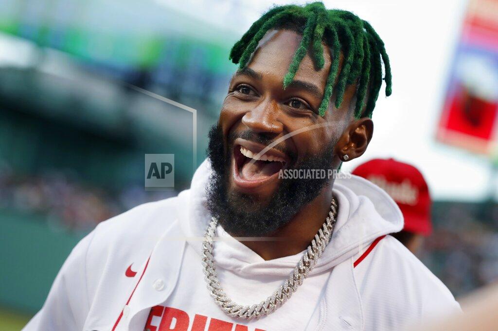 Michael Dwyer New England Patriots cornerback Jalen Mills stands on the field before a baseball game between the Boston Red Sox and the New York Yankees, Saturday, Aug. 13, 2022, in Boston. (AP Photo/Michael Dwyer)