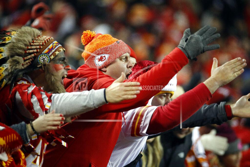 Charlie Riedel FILE - In this Dec. 13, 2018, photo, Kansas City Chiefs fans chant and do the chop during the second half of the team's NFL football game against the Los Angeles Chargers in Kansas City, Mo. The Kansas City Chiefs have since barred headdresses and war paint amid the nationwide push for racial justice, but its effort to make its popular “war chant” more palatable is getting a fresh round of scrutiny from Native American groups as the team prepares to make its second straight Super Bowl appearance. (AP Photo/Charlie Riedel, File)