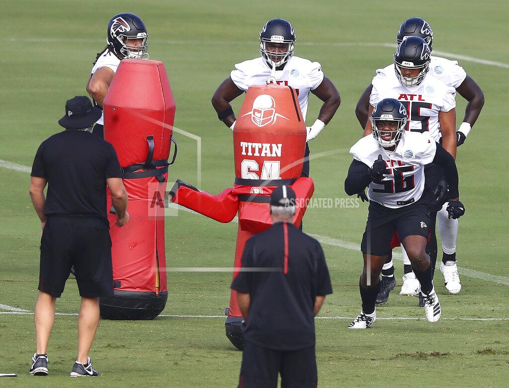 Curtis Compton Atlanta Falcons defensive end Dante Fowler (56) runs a drill during NFL football training camp on Wednesday, Aug. 19, 2020, in Flowery Branch, Ga. (Curtis Compton/Atlanta Journal-Constitution via AP, Pool)