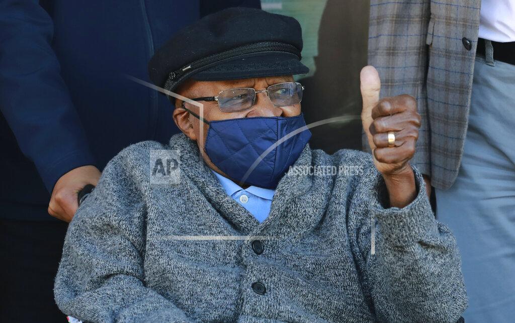 Nardus Engelbrecht Anglican Archbishop Emeritus, Desmond Tutu gestures after receiving a shot of the COVID-19 vaccine, at the Brooklyn Chest Hospital in Cape Town, South Africa, Monday, May 17, 2021. South Africa has started its mass vaccination drive with the goal of inoculating nearly 5 million citizens aged 60 and above by the end of June. AP Photo/Nardus Engelbrecht)