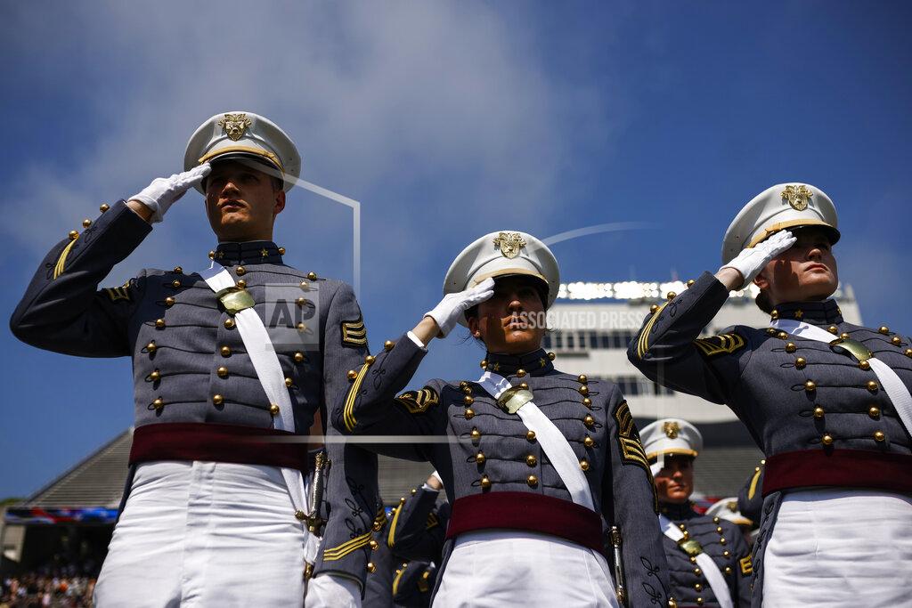 Eduardo Munoz Alvarez United States Military Academy graduating cadets salute during their graduation ceremony of the U.S. Military Academy class of 2022 at Michie Stadium on Saturday, May 21, 2022, in West Point, N.Y. (AP Photo/Eduardo Munoz Alvarez)