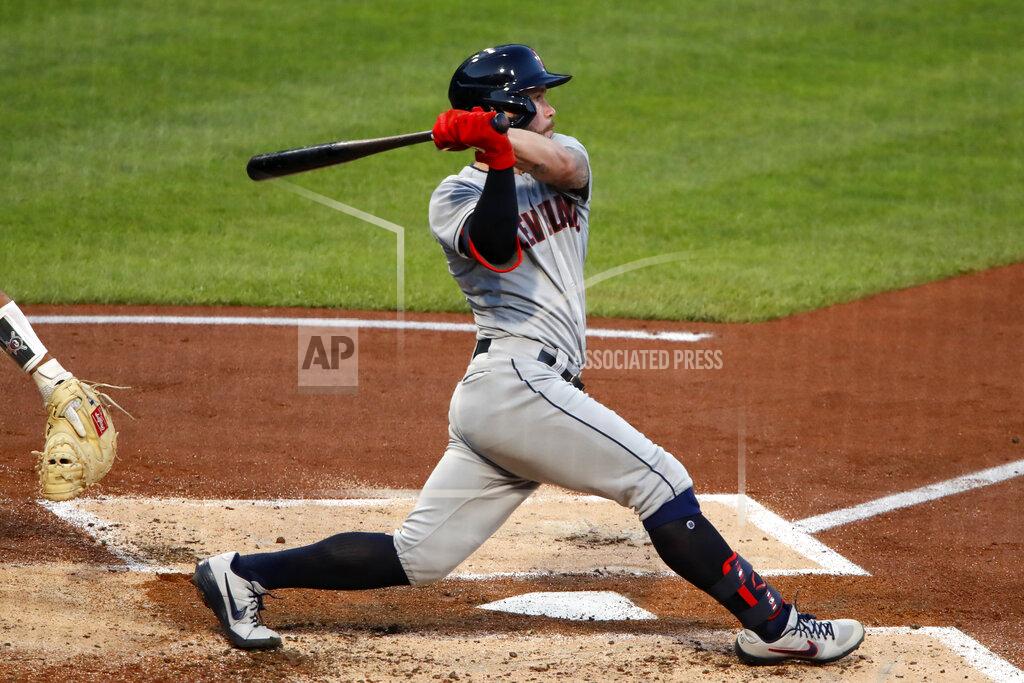 Cleveland Indians' Beau Taylor drives in a run with a single off Pittsburgh Pirates starting pitcher Trevor Williams during the second inning of a baseball game in Pittsburgh, Thursday, Aug. 20, 2020. (AP Photo/Gene J. Puskar)