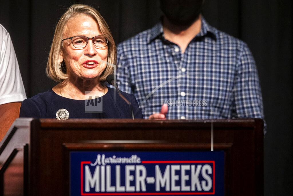 Joseph Cress Republican state Sen. Mariannette Miller-Meeks speaks to reporters during an election night watch party, early Wednesday, Nov. 4, 2020, in Riverside, Iowa. Miller-Meeks is running for the seat in the state's 2nd Congressional District. (Joseph Cress/Iowa City Press-Citizen via AP)