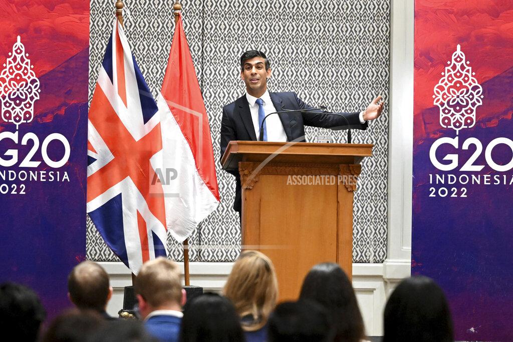 Leon Neal FILE - British Prime Minister Rishi Sunak holds a press conference after meeting with U.S. President Joe Biden and a phone call to Ukraine President Volodymyr Zelenskyy, Nov. 16, 2022, in Nusa Dua, Indonesia. In his first month as Britain's prime minister, Sunak has stabilized the economy, reassured allies from Washington to Kyiv and even soothed the European Union after years of sparring between Britain and the bloc. But Sunak’s challenges are just beginning. He is facing a stagnating economy, a cost-of-living crisis – and a Conservative Party that is fractious and increasingly unpopular after 12 years in power. (Leon Neal/Pool Photo via AP, File)